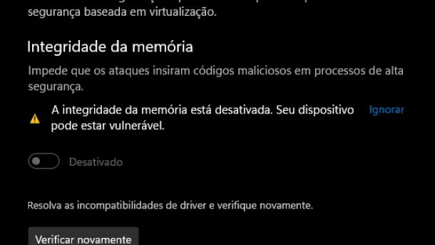 Ativar Isolamento do Núcleo de Integridade da Memória