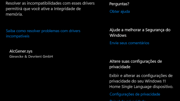 Driver alcgener.sys relatado como incompatível.