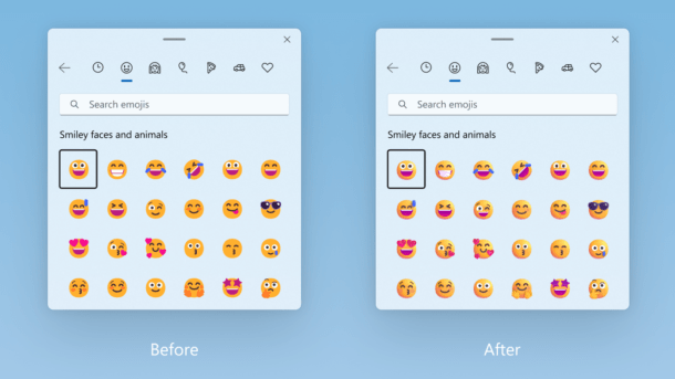 Antes e depois do formato de cores atualizado para emoji.