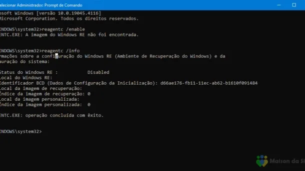 REAGENTC.EXE: A imagem do Windows RE não foi encontrada